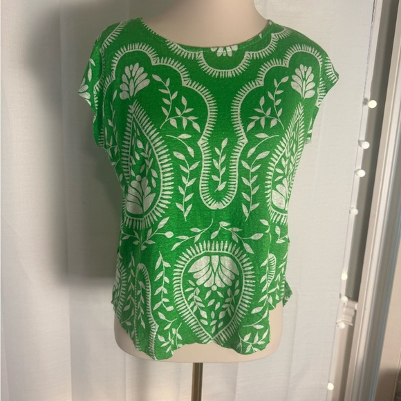 Joie 100% Linen Green Print Cap Sleeve Shirt Women’s Size Large - Picture 1 of 7